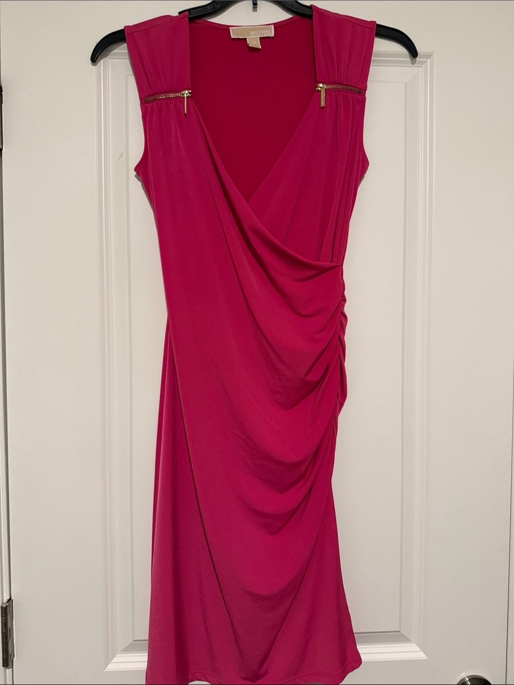 Michael Kors Fuchsia Draped Midi Dress with Gold Zipper Accents